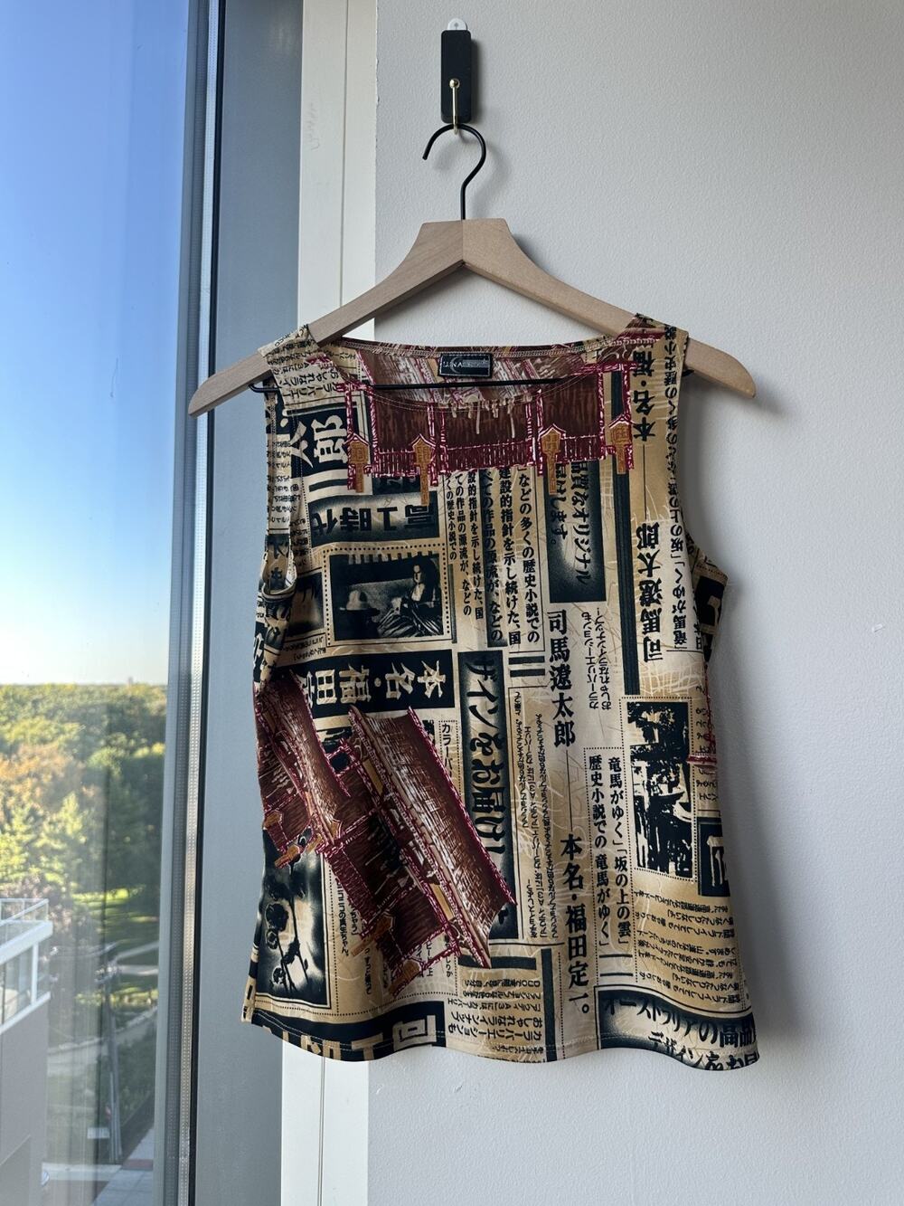 Vintage Y2K Lunachix Japanese Newspaper Print Mesh Top Sz L